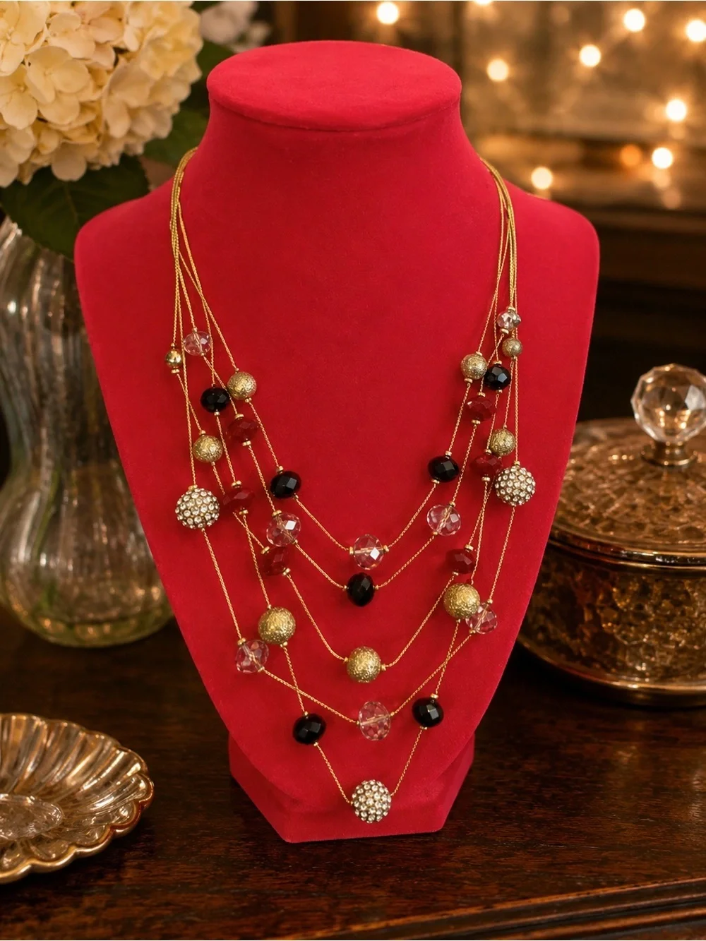 INC Gold Multi Strand Bauble Statement Necklace Red Black Crystal